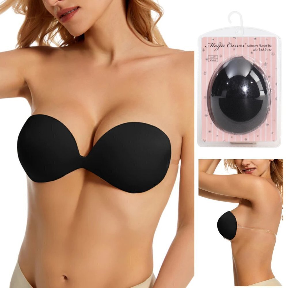 NWT Magic Curves Women's Adhesive Plunge Bra With Clear Back Strap